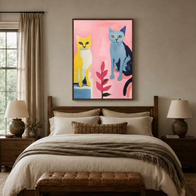Yellow and blue pop art cat canvas print hanging above a dark walnut bed in a neutral bedroom