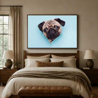 Funny pug portrait canvas wall art above a bed in a warm, earthy bedroom