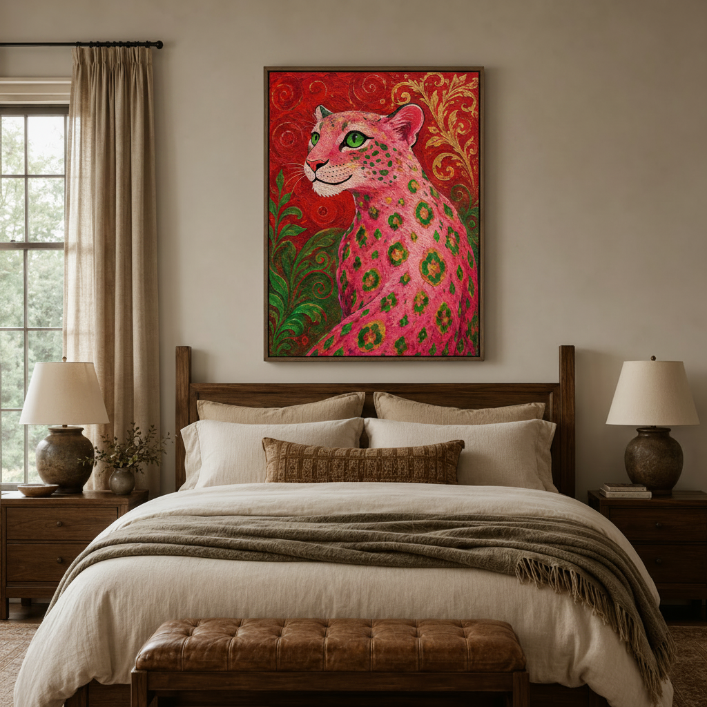 Maximalist pink leopard impasto oil painting canvas art in dark walnut frame above linen bed in cozy bedroom