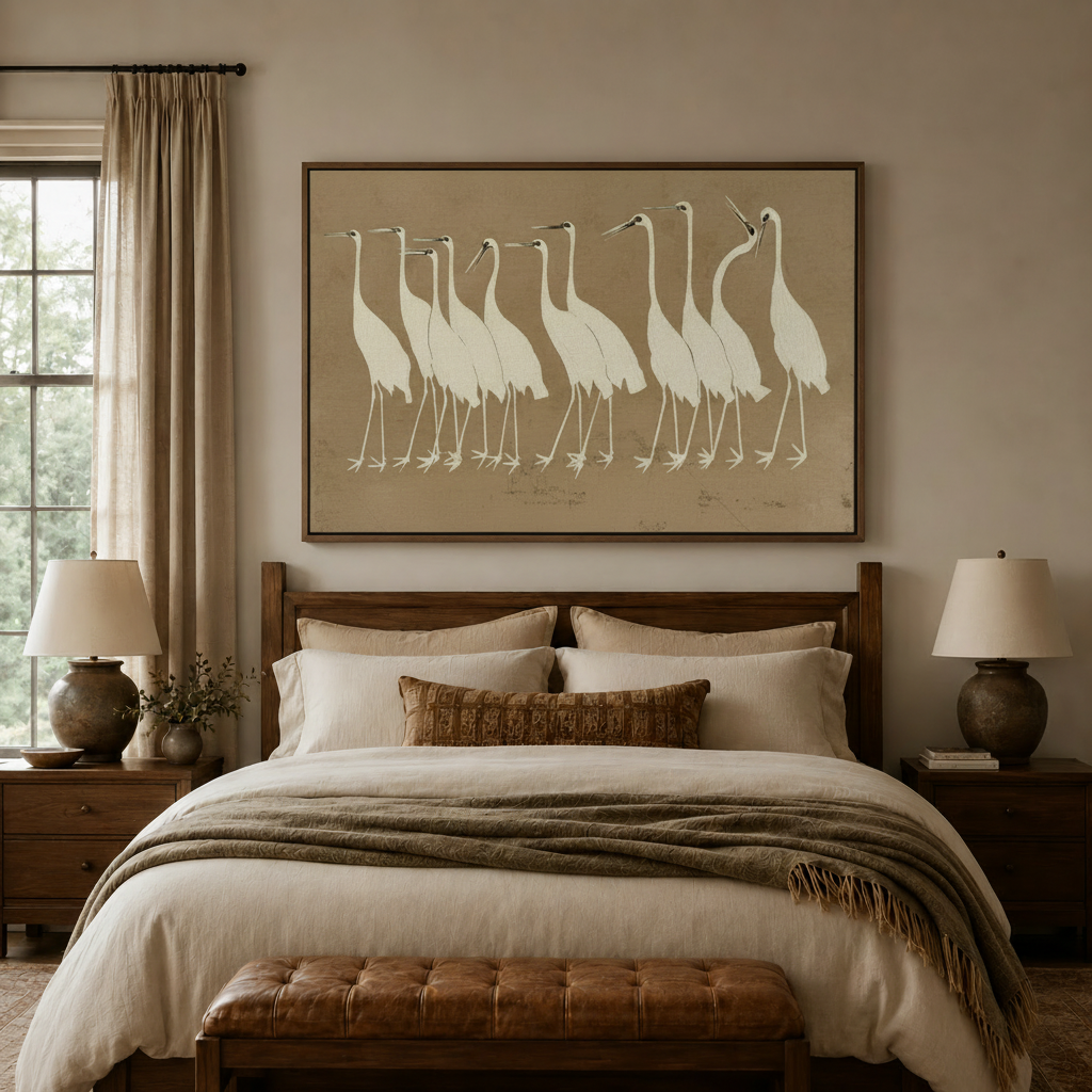 Elegant white cranes canvas wall art displayed above bed in cozy neutral bedroom interior