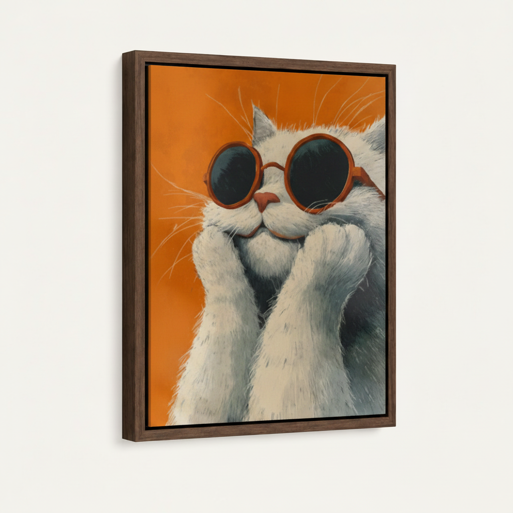 Framed retro cat canvas print in dark walnut float frame angled product view