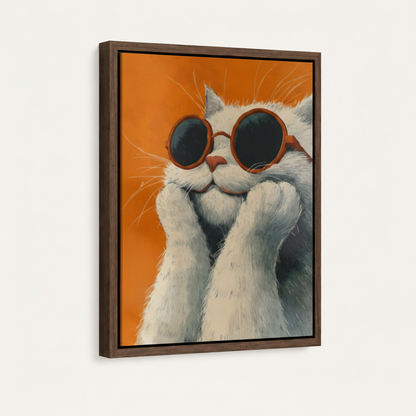 Framed retro cat canvas print in dark walnut float frame angled product view