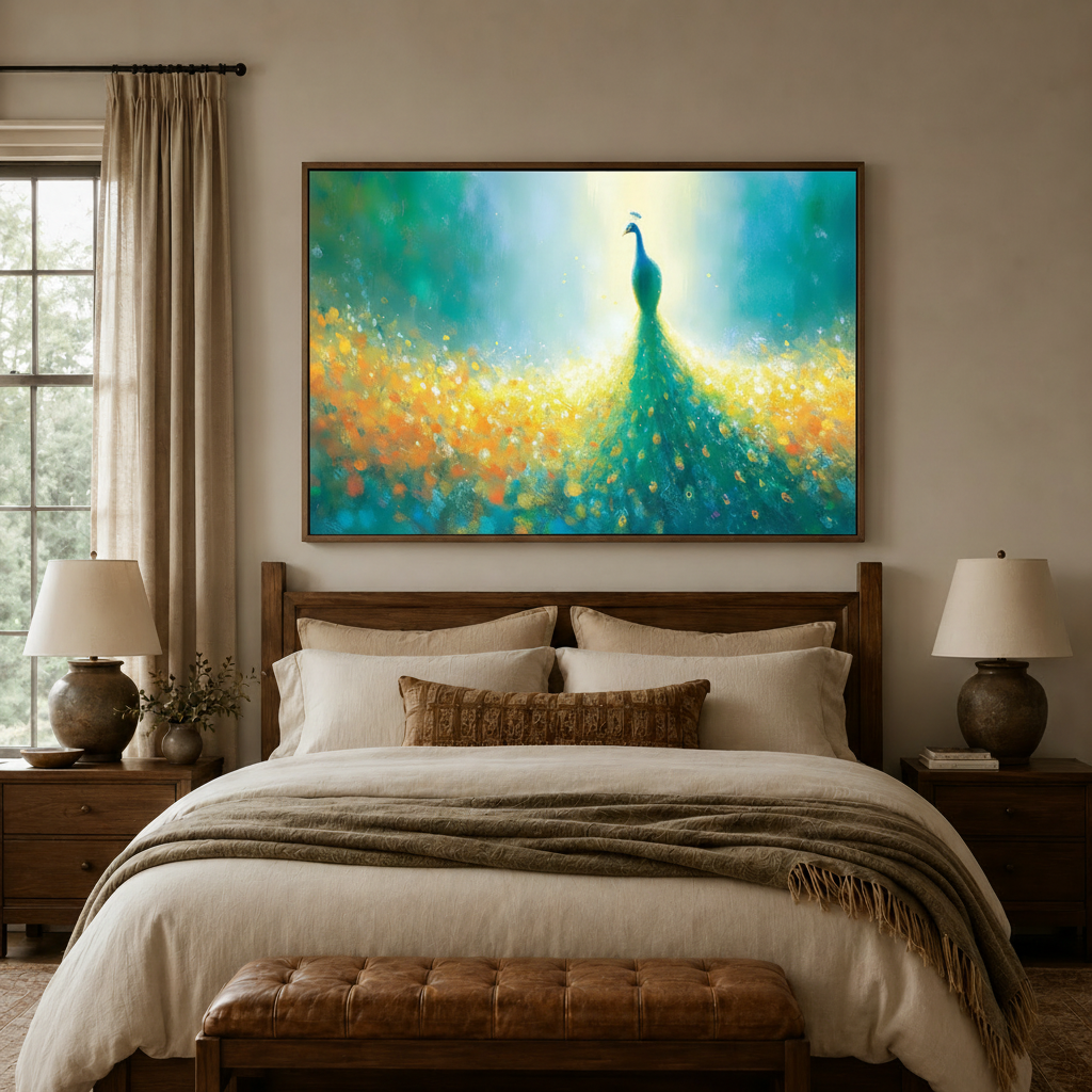 Impressionist peacock canvas art hanging above a bed in a cozy neutral-toned bedroom