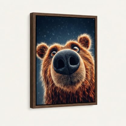 Dark walnut float frame funny bear canvas print leaning against a white wall, front angle product view