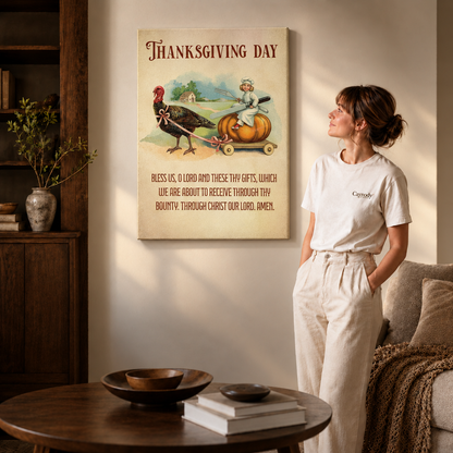 Gallery-wrapped Thanksgiving Day canvas with a table blessing, displayed above a round wooden coffee table