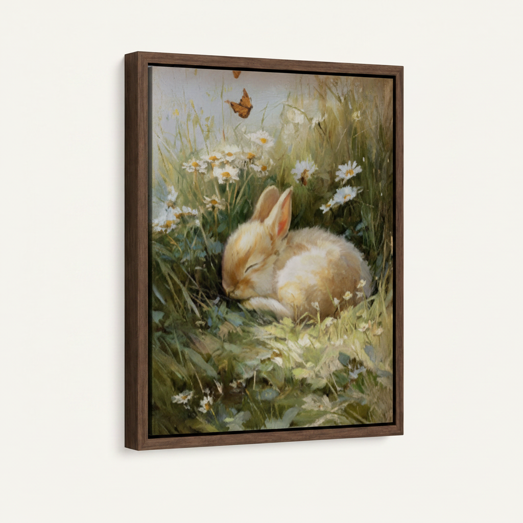 Framed sleeping bunny meadow canvas shown at angle with dark walnut float frame on white background