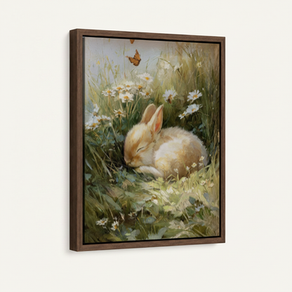 Framed sleeping bunny meadow canvas shown at angle with dark walnut float frame on white background