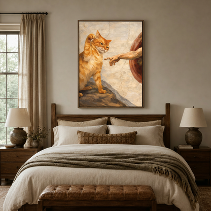 Humorous cat oil painting canvas print above a linen bed in a warm neutral bedroom
