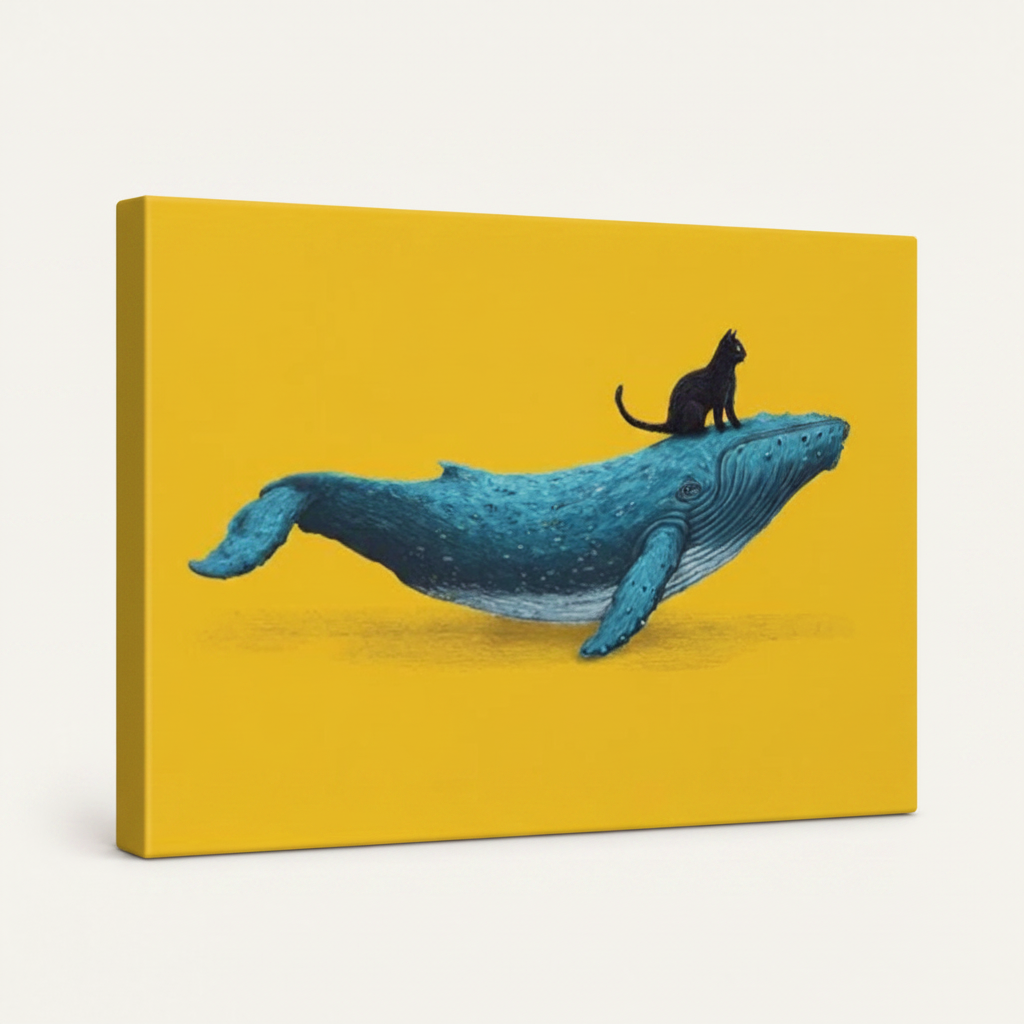 Gallery wrapped black cat whale yellow canvas side view showing vivid yellow background wrapping around edges