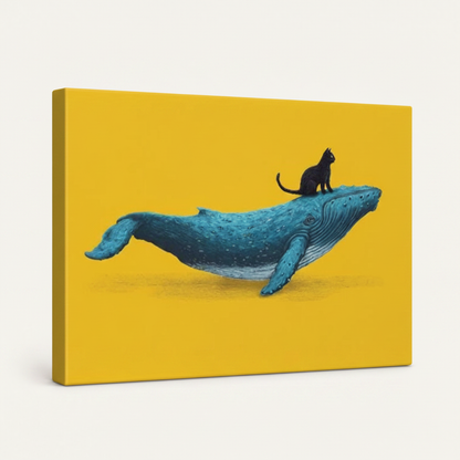 Gallery wrapped black cat whale yellow canvas side view showing vivid yellow background wrapping around edges