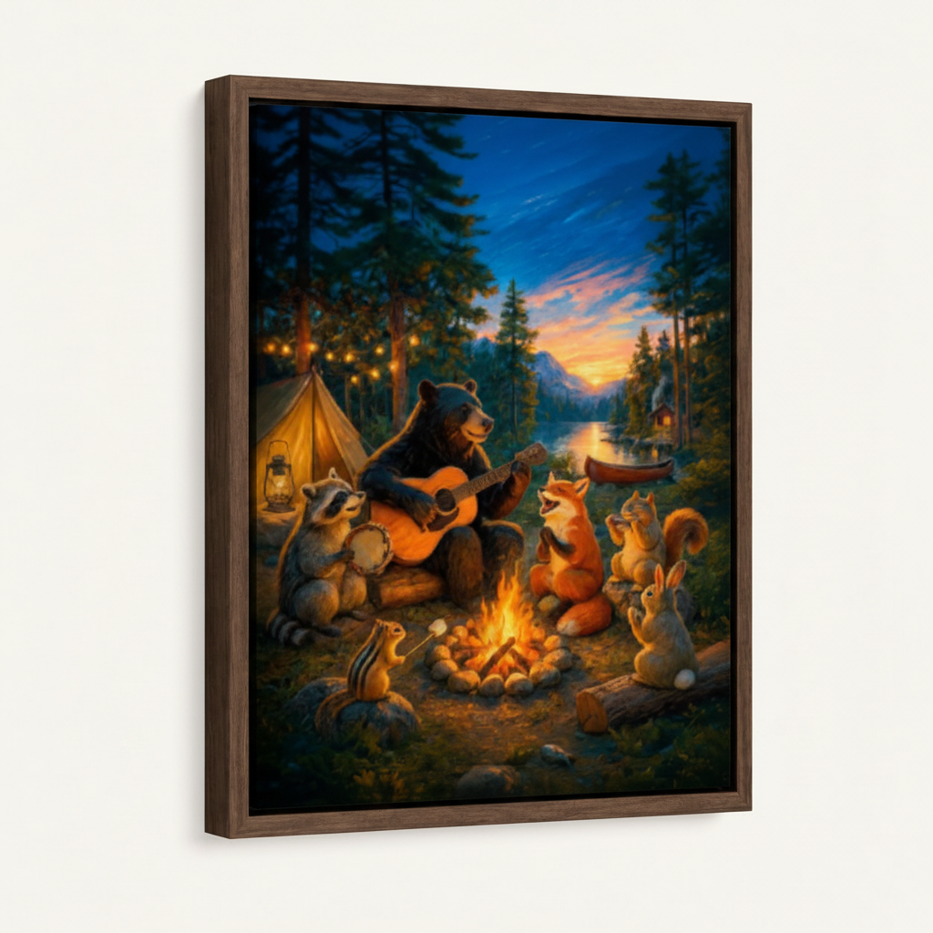 Framed canvas print of bear playing guitar by campfire with fox raccoon and rabbit in dark walnut float frame