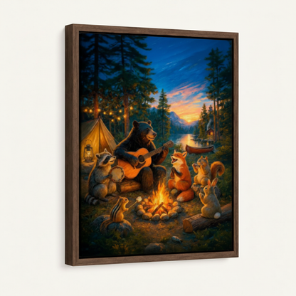 Framed canvas print of bear playing guitar by campfire with fox raccoon and rabbit in dark walnut float frame
