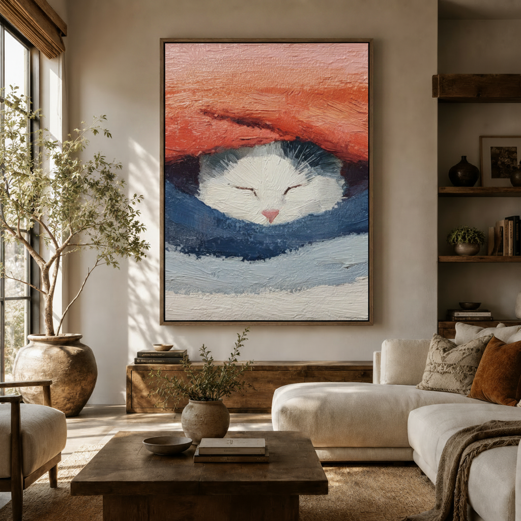 Sleeping white cat wall art in dark walnut frame styled above a sideboard in a neutral living room