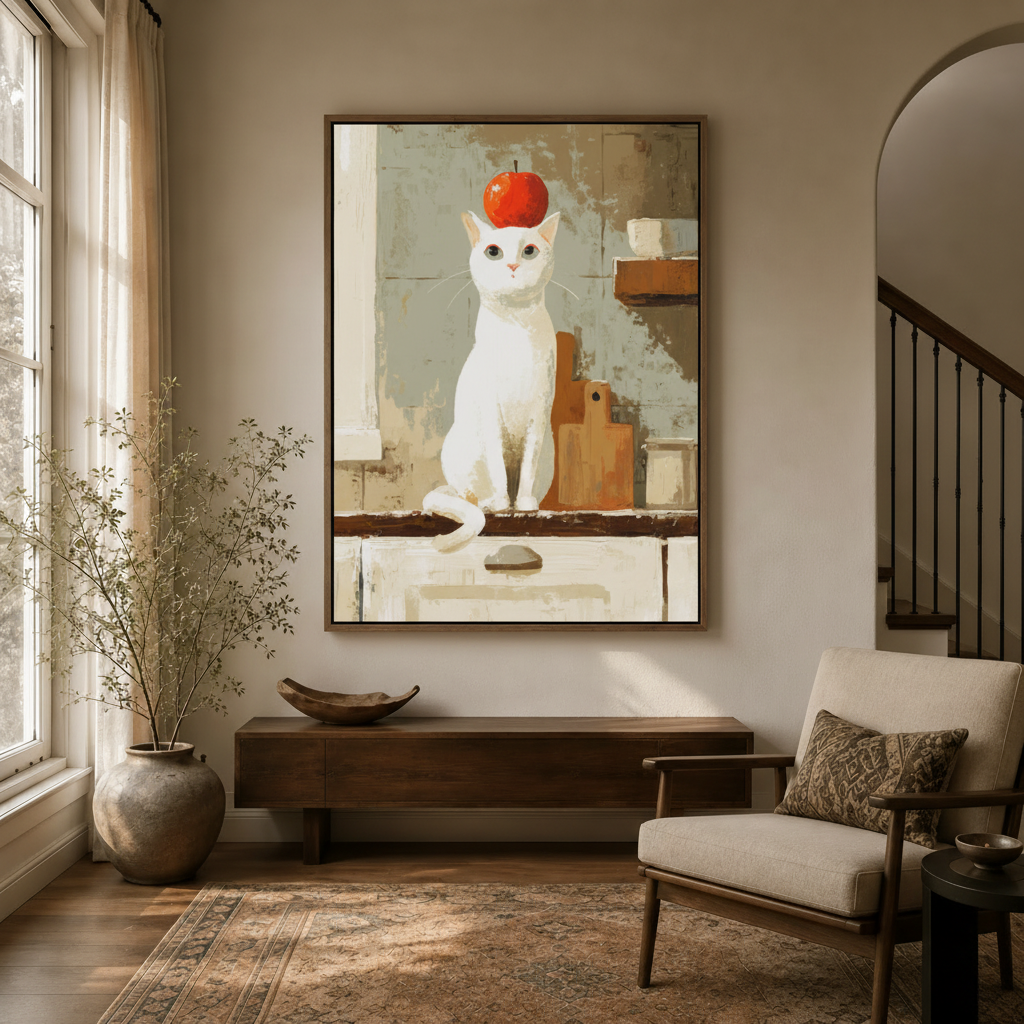 Framed impressionist cat wall art hanging in cozy entryway hallway decor