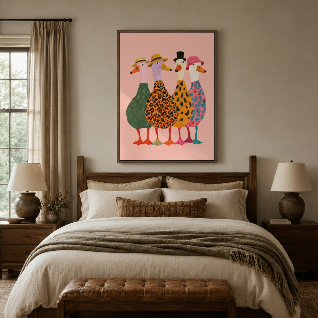 Colorful fashionable ducks folk art canvas above dark walnut bed frame in cozy neutral-toned bedroom
