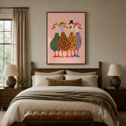 Colorful fashionable ducks folk art canvas above dark walnut bed frame in cozy neutral-toned bedroom