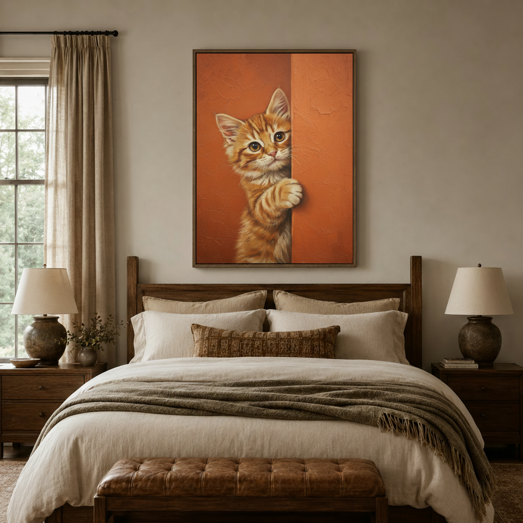 Orange kitten peeking canvas print above bed in cozy neutral bedroom setting