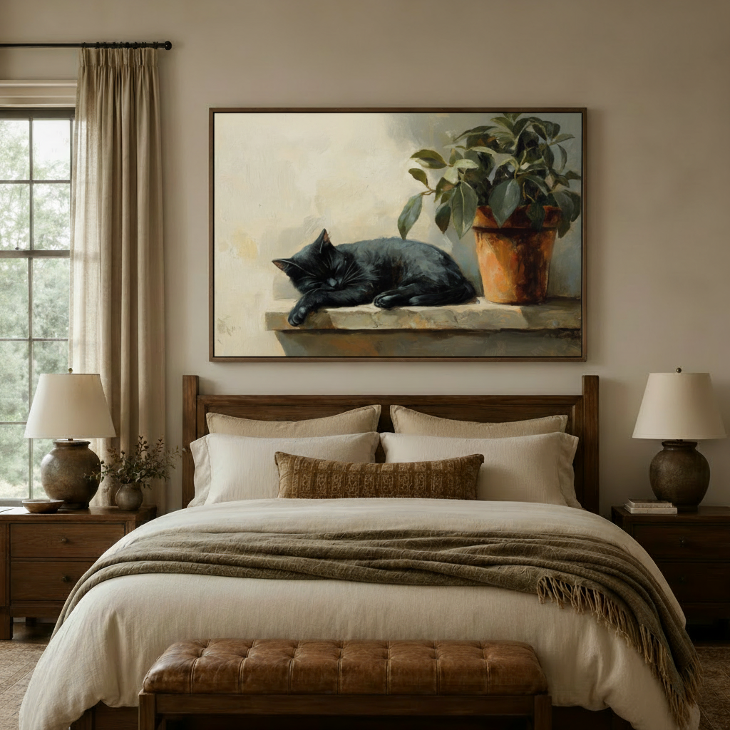 Classical black cat canvas wall art hung above a cozy bedroom headboard