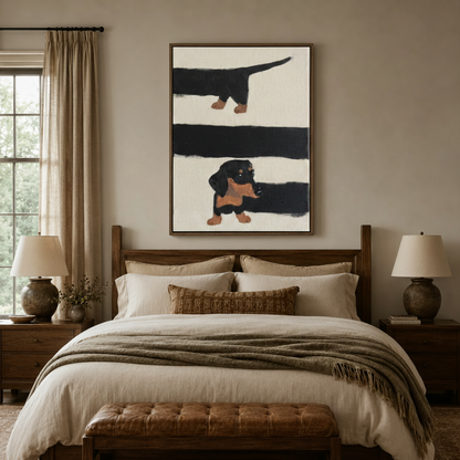 Bold black dachshund wall art above bed in neutral bedroom with warm wood tones