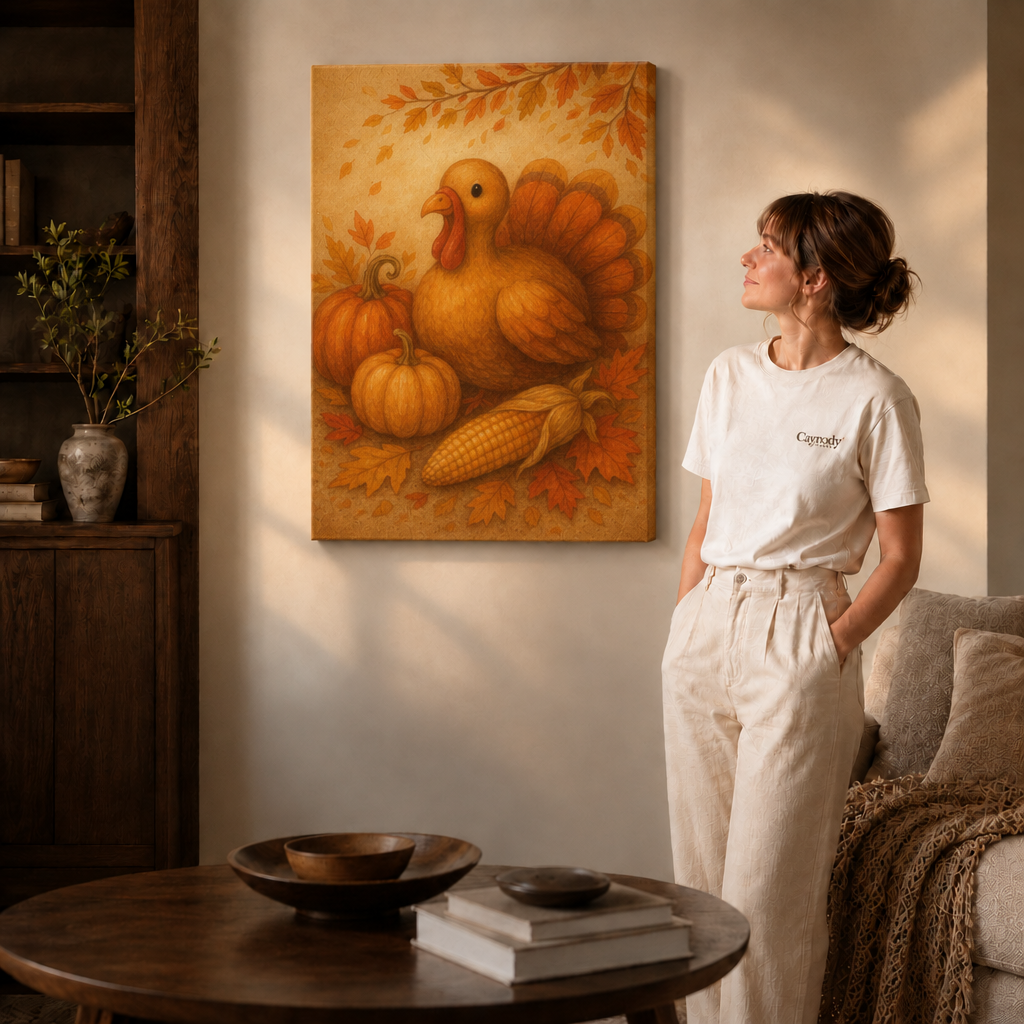 Gallery-wrapped fall turkey canvas with maple leaves, displayed above a round wooden coffee table