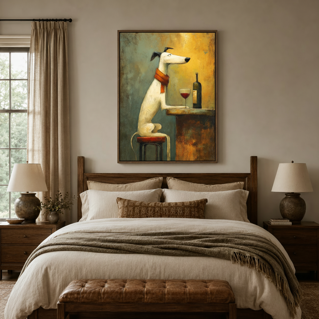 Whimsical greyhound oil painting canvas art displayed above a bed in a warm neutral bedroom
