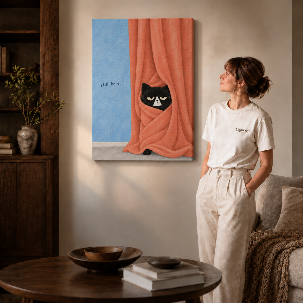 Woman in a cream tee standing next to a gallery-wrapped canvas showing a whimsical black cat curtain illustration.