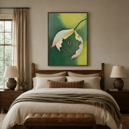Painterly dark floral canvas wall art above bed in cozy neutral bedroom interior