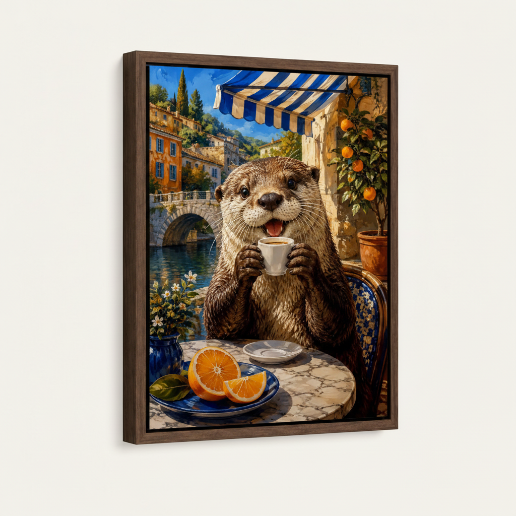 Framed otter cafe canvas print in dark walnut float frame angled product view