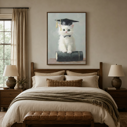 White kitten in graduation cap canvas art above bed in cozy farmhouse bedroom