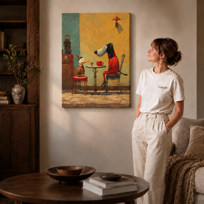 Frameless dog and duck café canvas displayed in a cozy contemporary living room