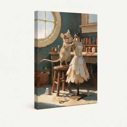 Gallery-wrapped mouse tailor sewing dress canvas showing teal green wrap edges and golden floor, no frame, 3/4 angle