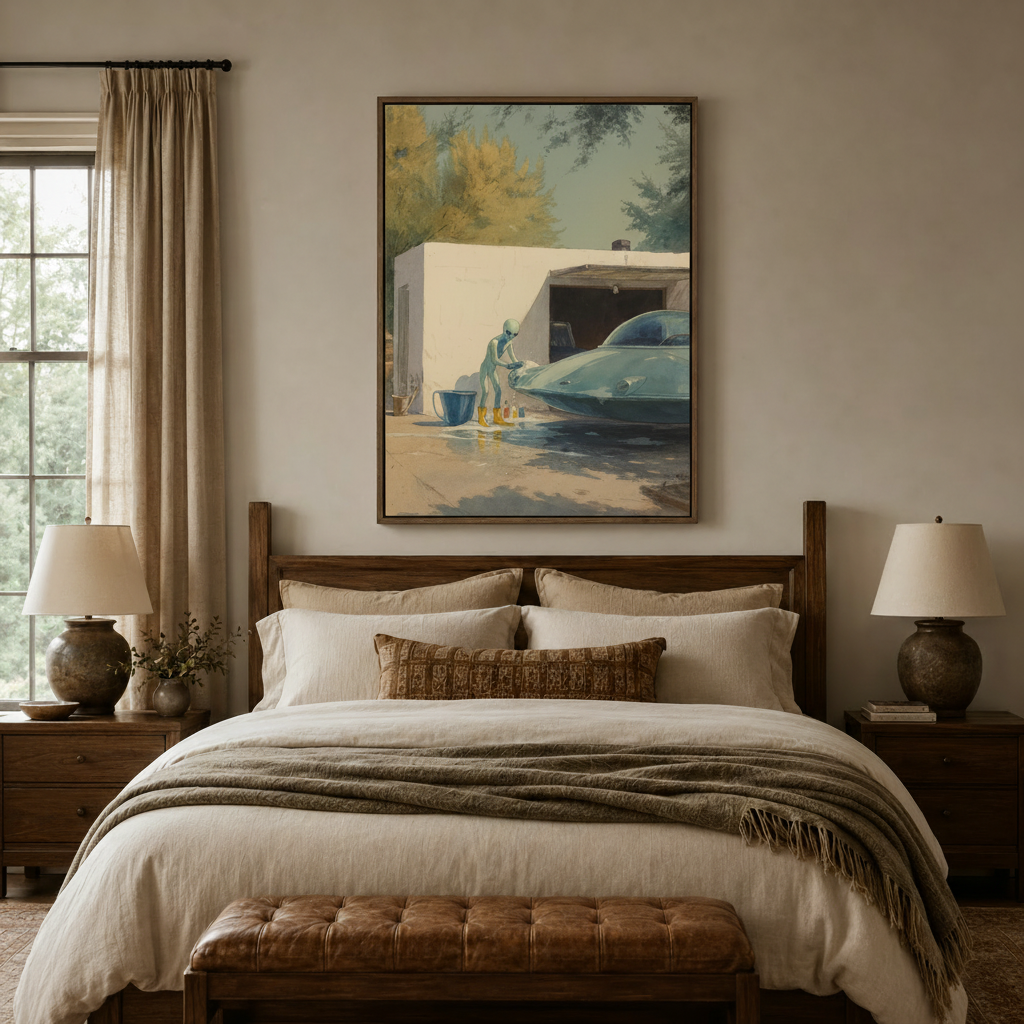 Humorous alien UFO watercolor canvas art in dark walnut frame above linen bed as unique bedroom wall decor