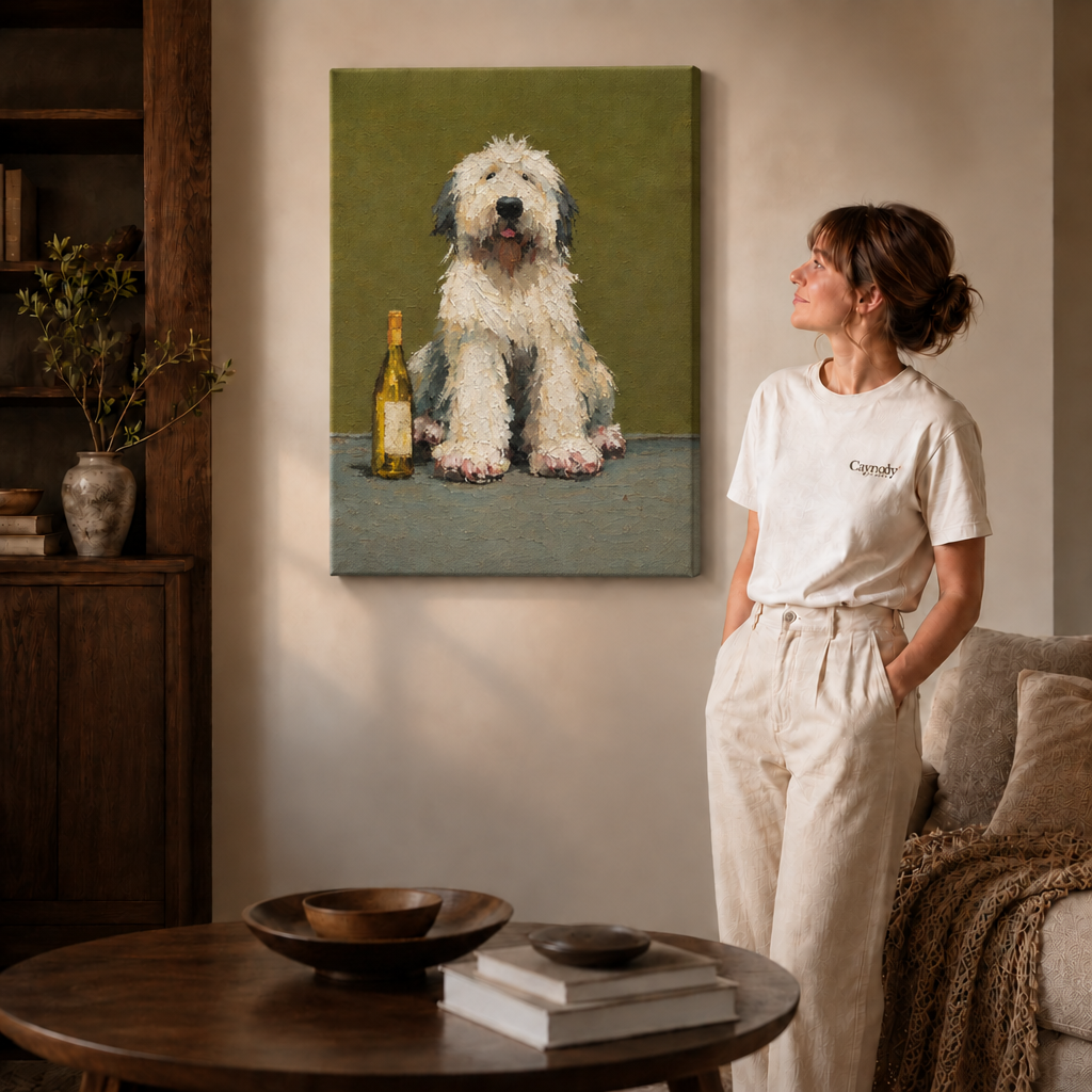 Unframed canvas of a shaggy white dog and wine bottle beside a woman.