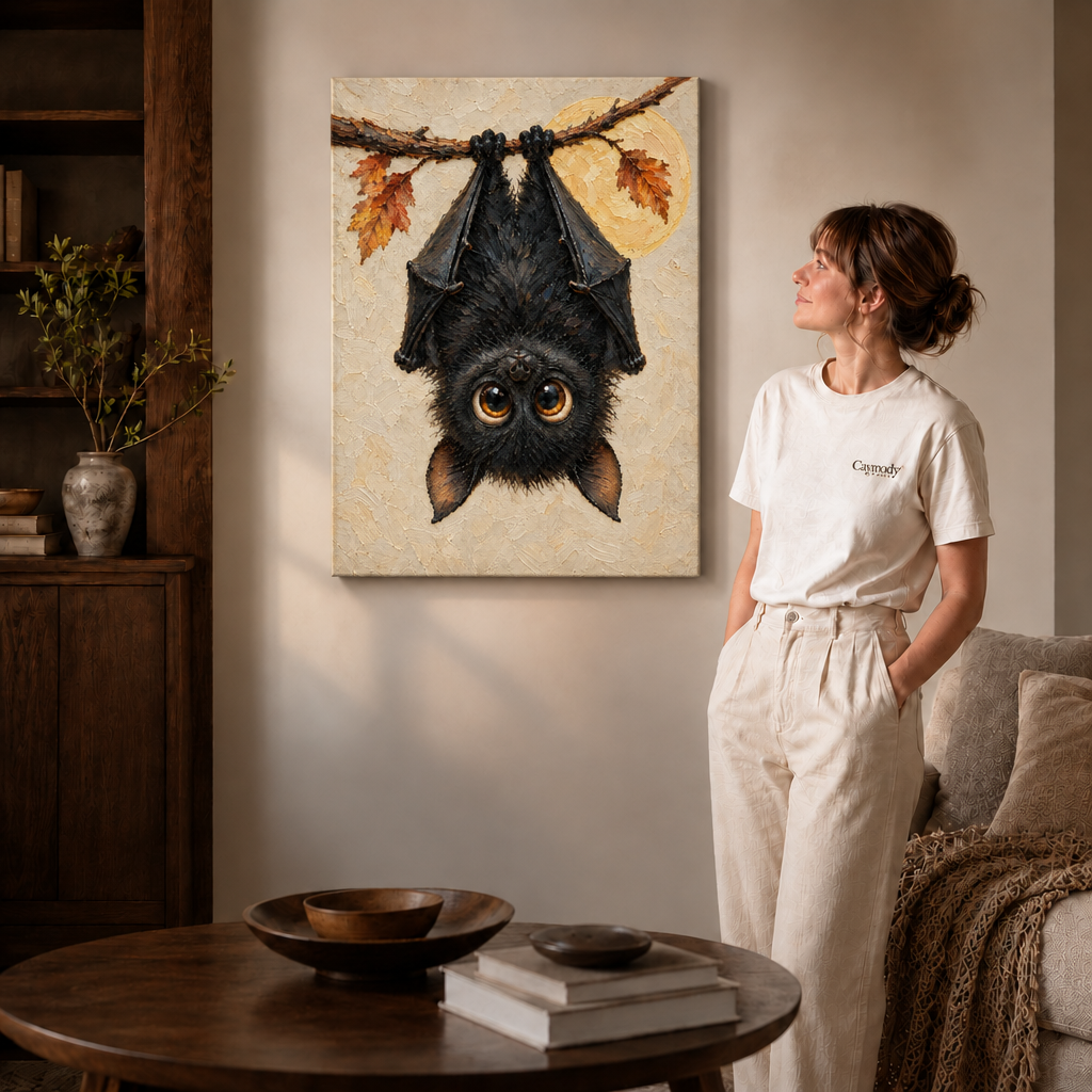 Unframed cute bat canvas with a full moon hanging in a cozy fall living room beside a linen sofa