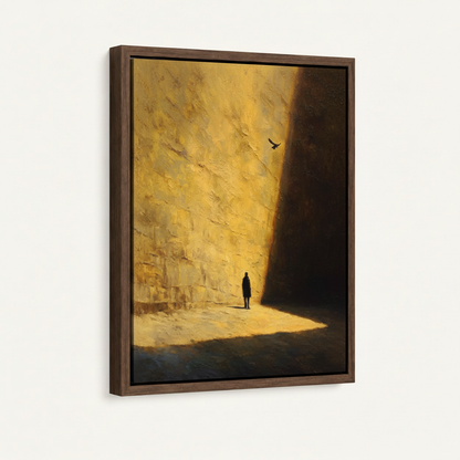 Solitary figure cliff canvas in dark walnut float frame, portrait orientation, 3/4 angle wall display