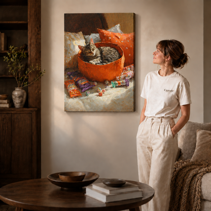 Sleeping tabby witch hat canvas displayed in a softly lit contemporary living room.