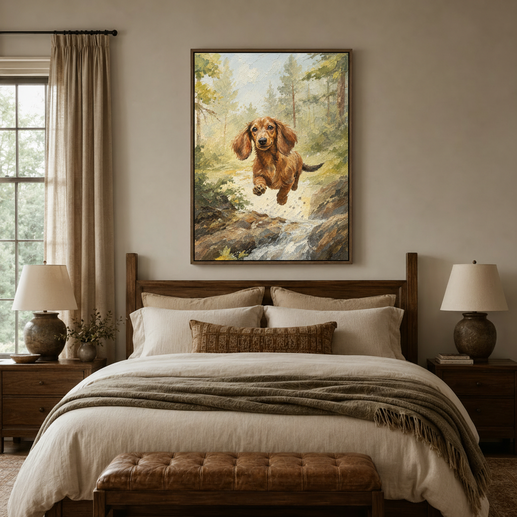 Impasto dog canvas art in dark walnut float frame above bed in cozy bedroom setting