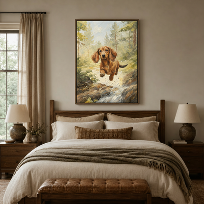Impasto dog canvas art in dark walnut float frame above bed in cozy bedroom setting