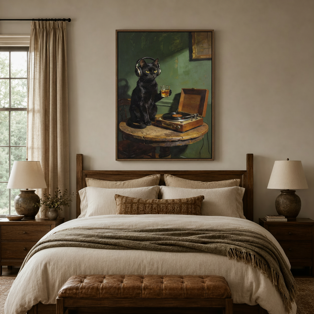 Black cat with headphones whiskey canvas print above bed in cozy warm-toned bedroom