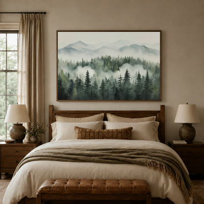 Framed misty forest canvas wall art centered above a bed headboard in a cozy bedroom setting
