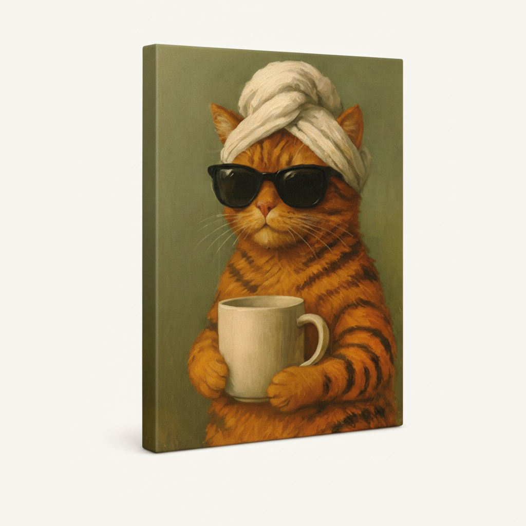 Gallery-wrap canvas of orange tabby cat holding coffee mug shown at 30-degree angle, no frame