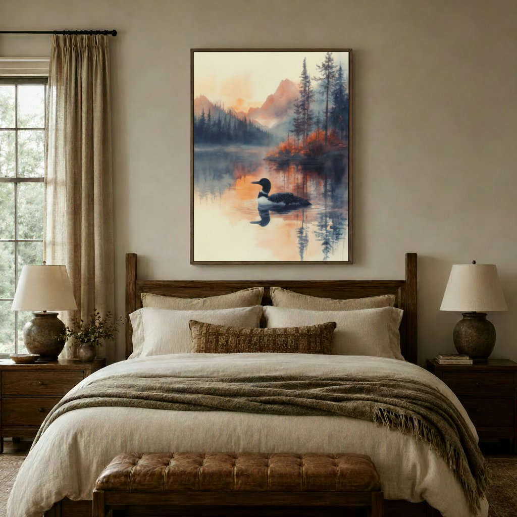 Serene loon and pine tree watercolor canvas print hanging above a dark walnut bed in a neutral bedroom