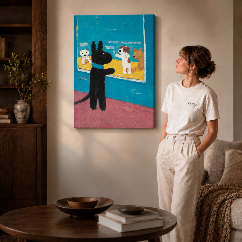 Gallery-wrapped canvas showing a black rabbit greeting three dogs beside a woman in white.