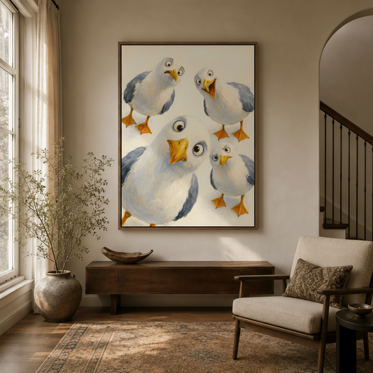 Funny bird canvas wall art displayed in warm entryway with arched doorway