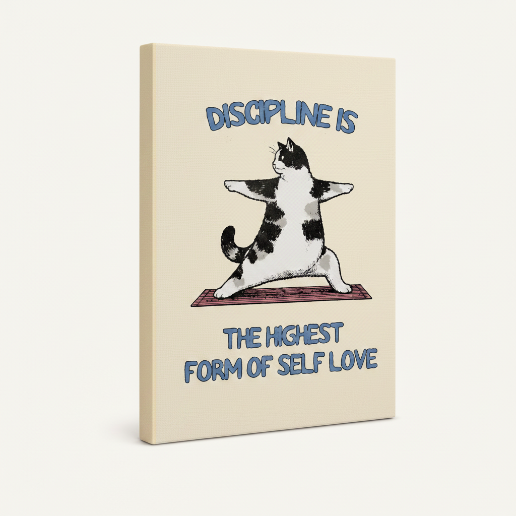 Gallery-wrapped cat yoga discipline quote canvas showing warm cream wrap edges, no frame, 3/4 angle