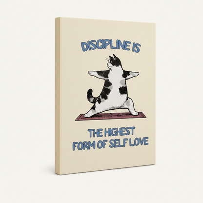 Gallery-wrapped cat yoga discipline quote canvas showing warm cream wrap edges, no frame, 3/4 angle