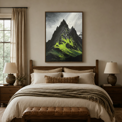 Dark mountain oil painting canvas print above a wood-frame bed in a cozy bedroom