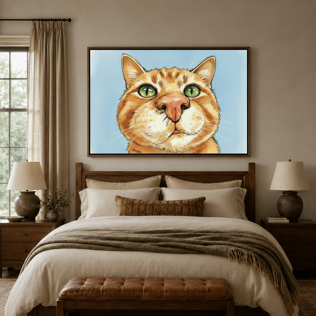 Bold cat portrait canvas wall art above bed headboard in cozy warm-toned bedroom