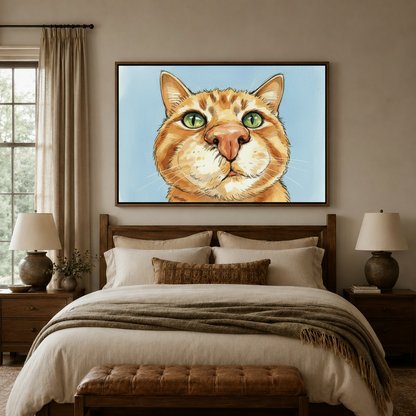 Bold cat portrait canvas wall art above bed headboard in cozy warm-toned bedroom