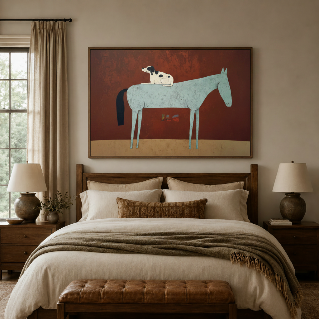 Blue horse and dog oil painting canvas print above bed in cozy neutral bedroom with ceramic lamps